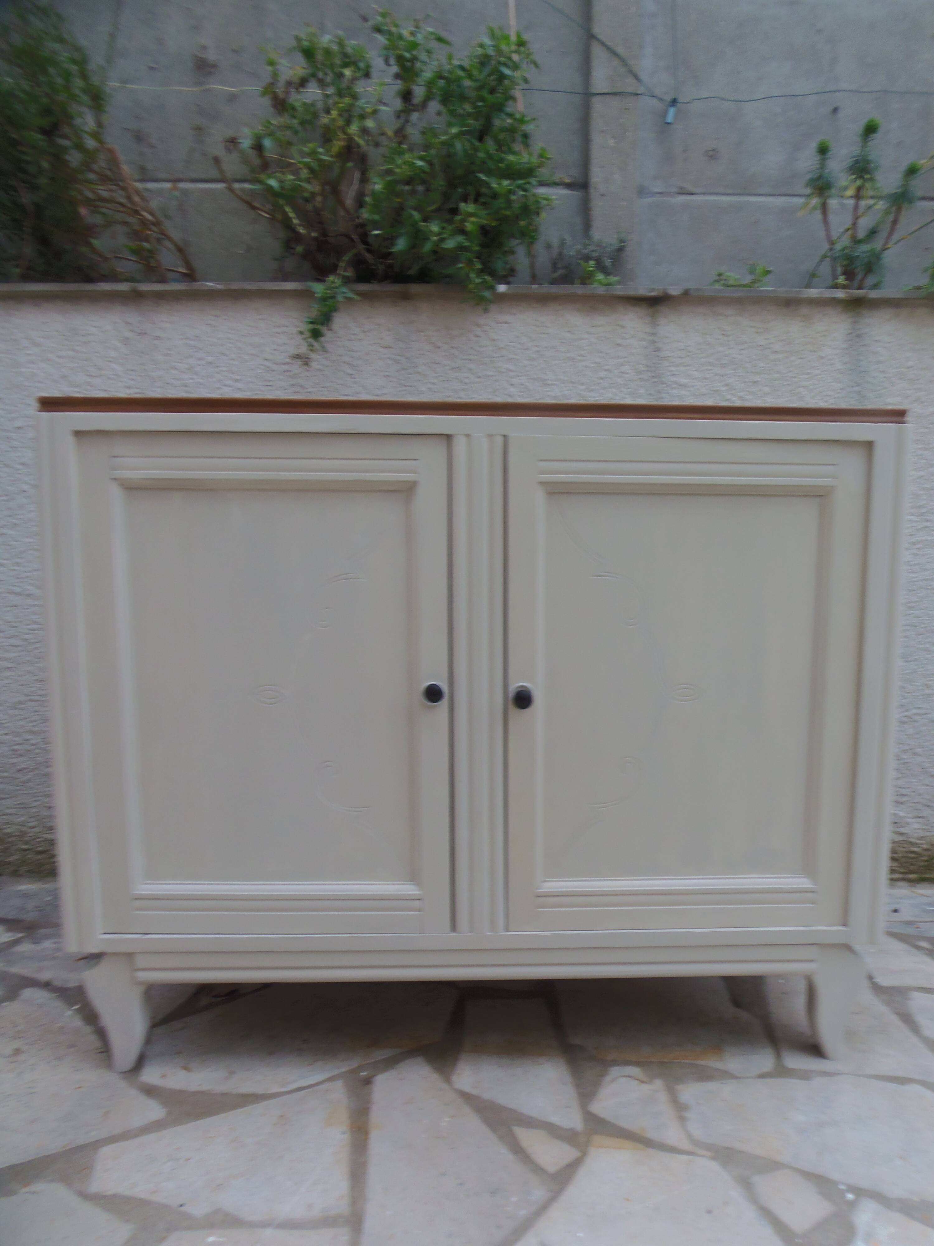 Vintage beige sideboard, oak top.