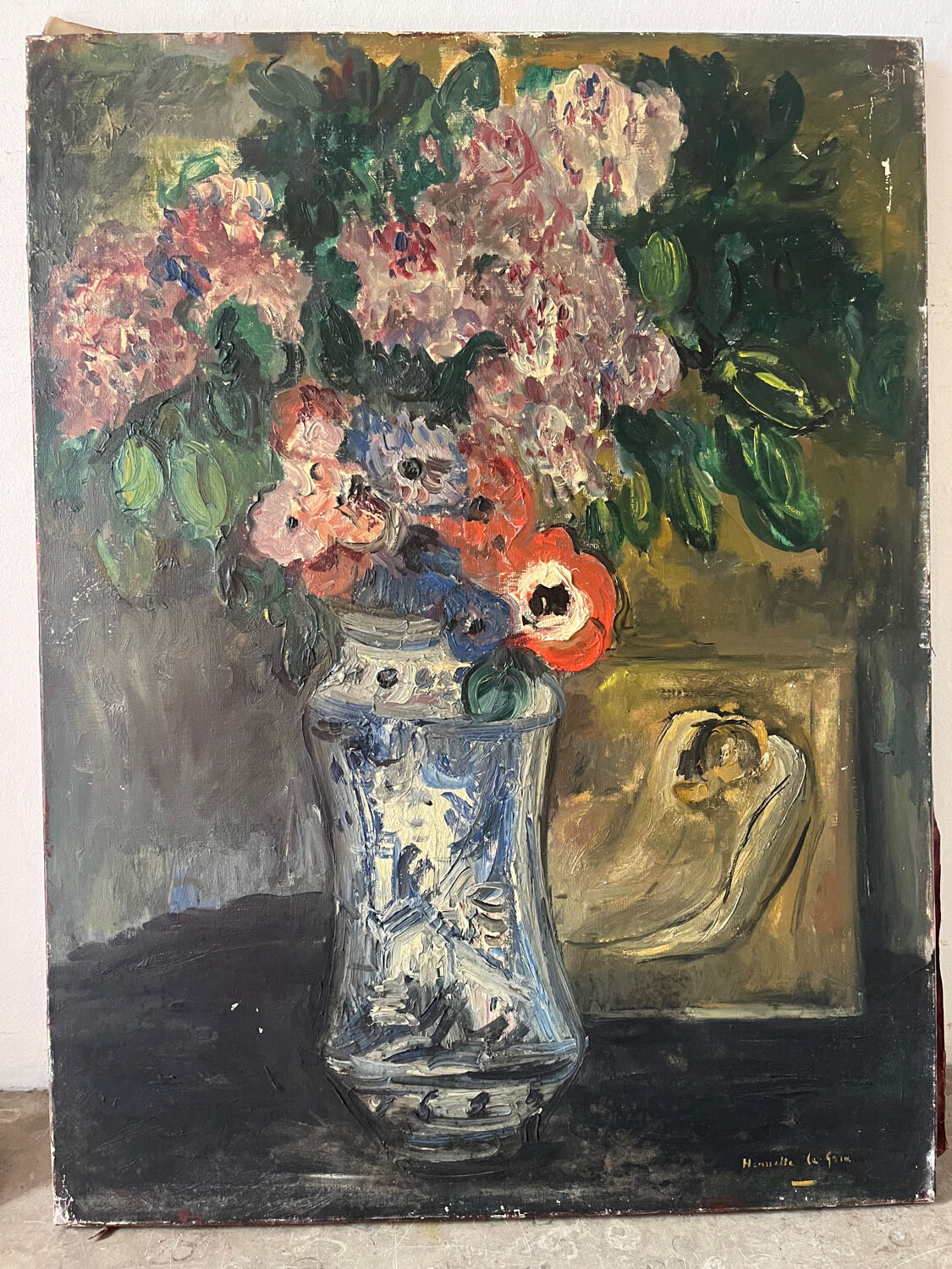 Bouquet of flowers on an entablature, signed