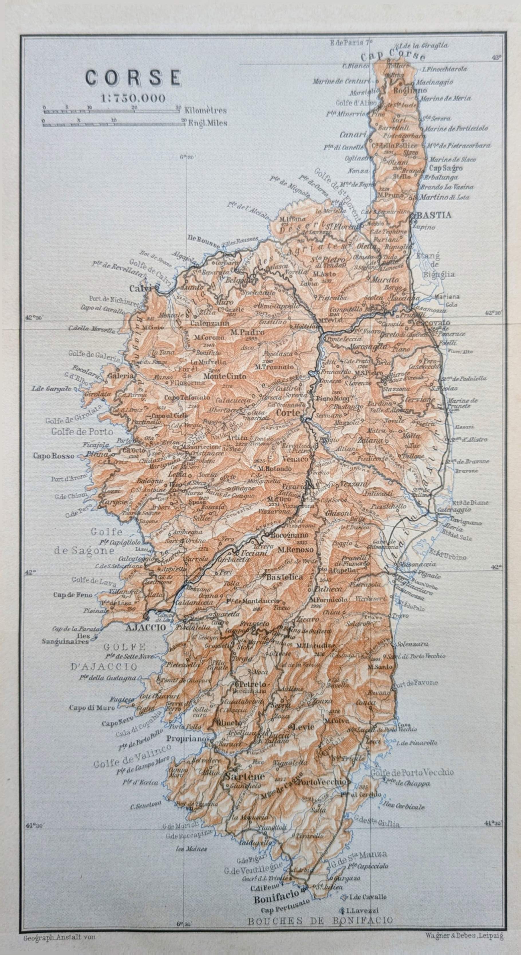 Corsica, original map printed in 1906.