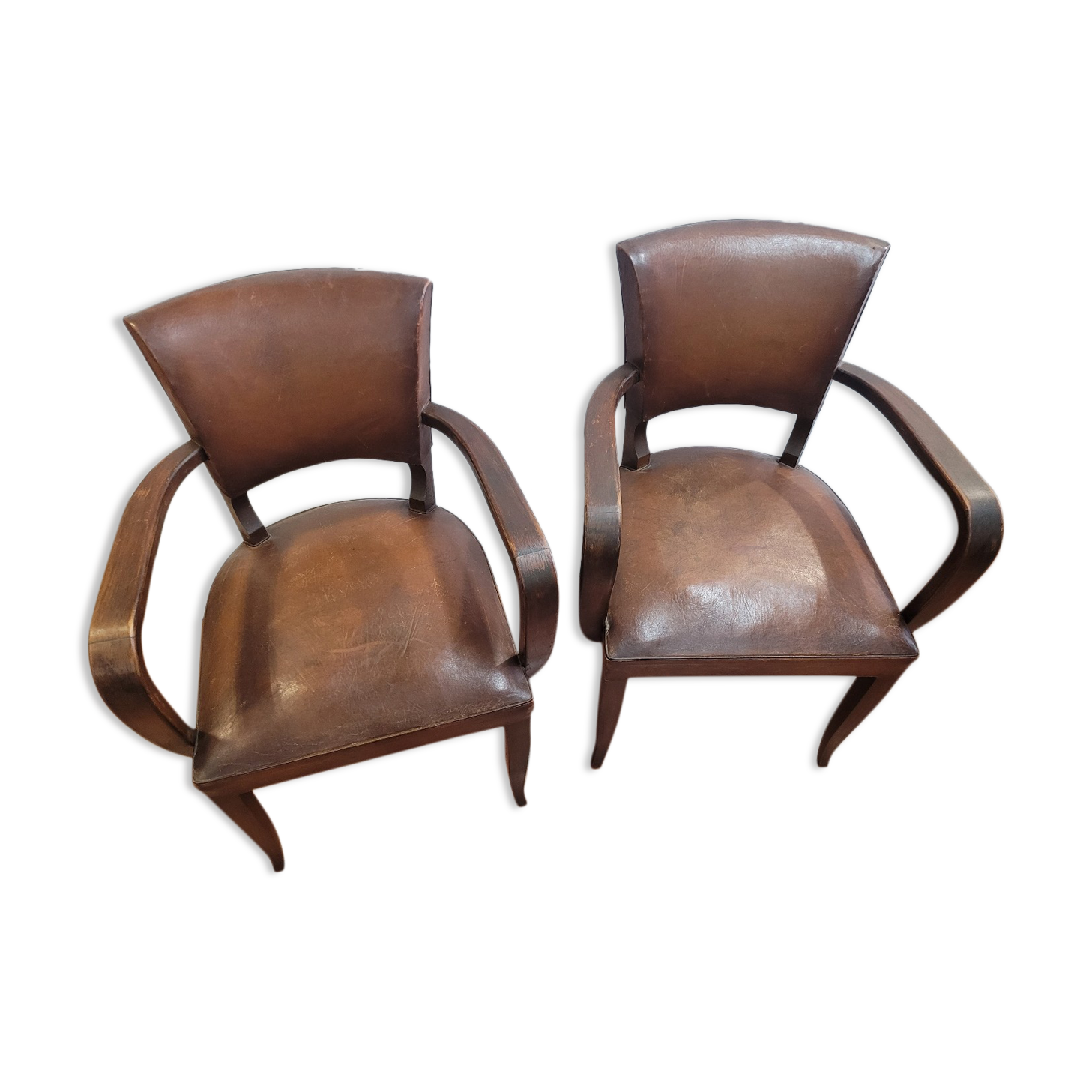 Pair of antique leather bridge armchairs