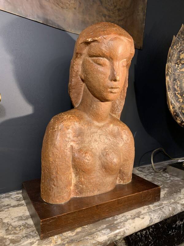 Art Deco Expressionist Sculpture "Nude Female Bust" unique piece 1940