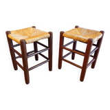 Pair of vintage stools turned wood and straw