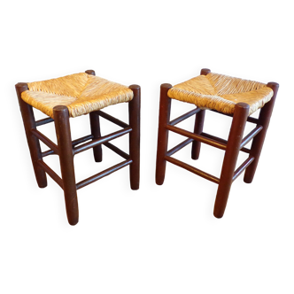 Pair of vintage stools turned wood and straw