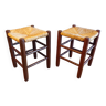 Pair of vintage stools turned wood and straw
