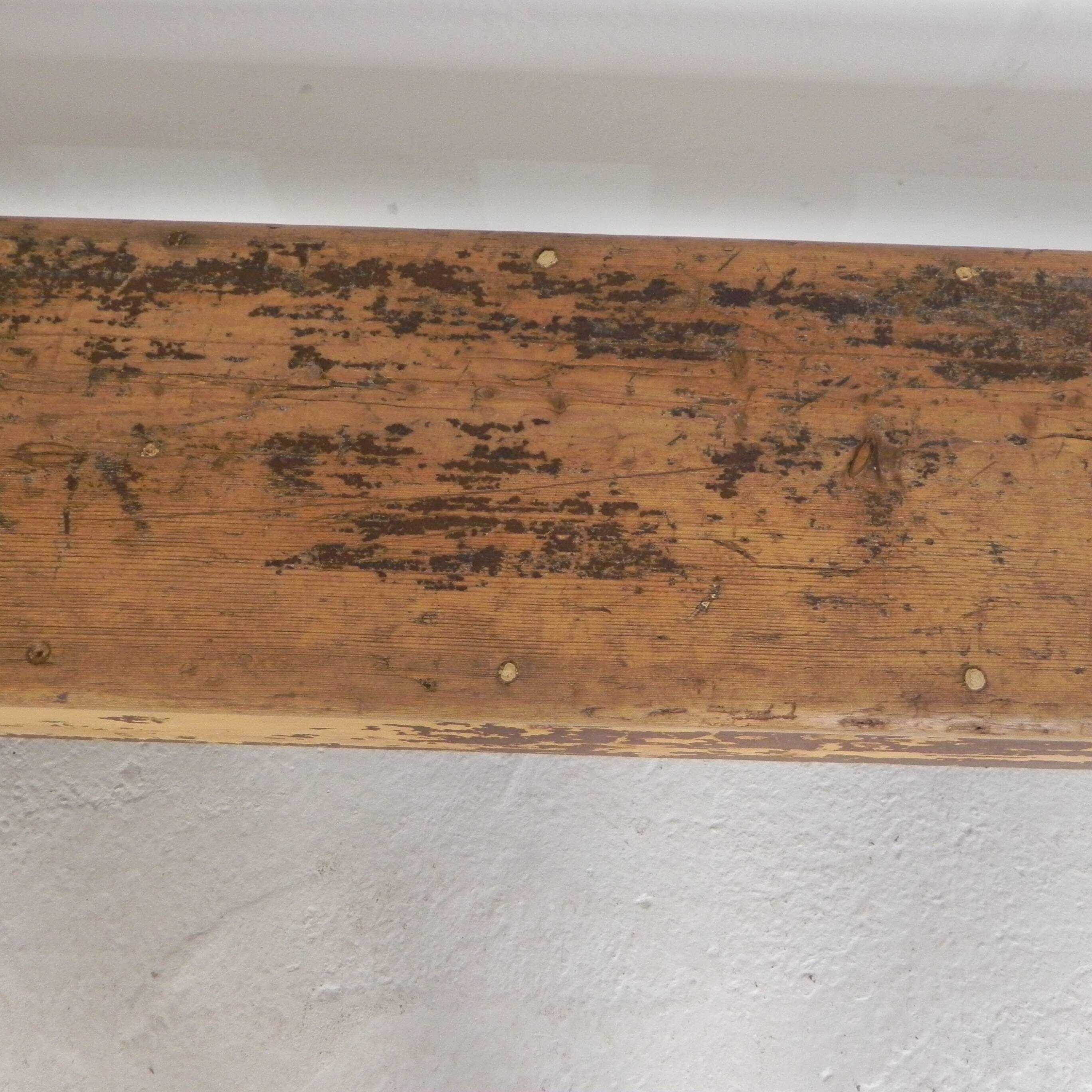 Pine bench with backrest, 2.5 metres long, 1950s.