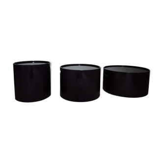 Set of 3 wooden pull-out coffee tables in dark brown lacquered finish