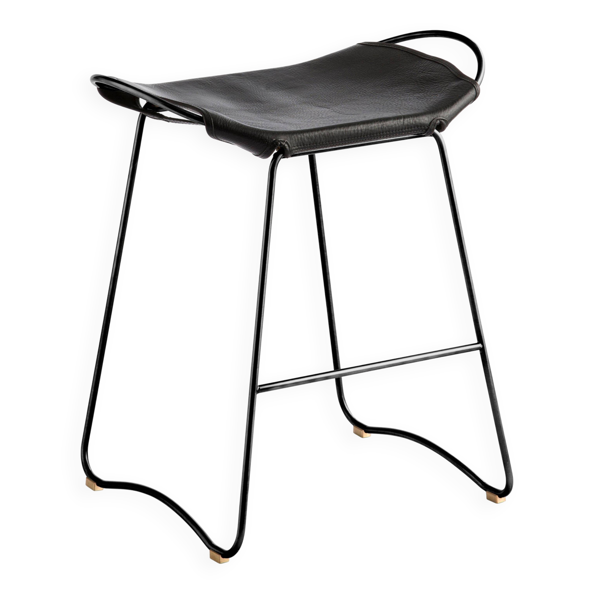 Contemporary sculptural bar stool, smoked black metal sample and black leather.