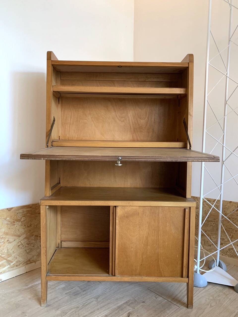 1950s oak secretary with sliding doors