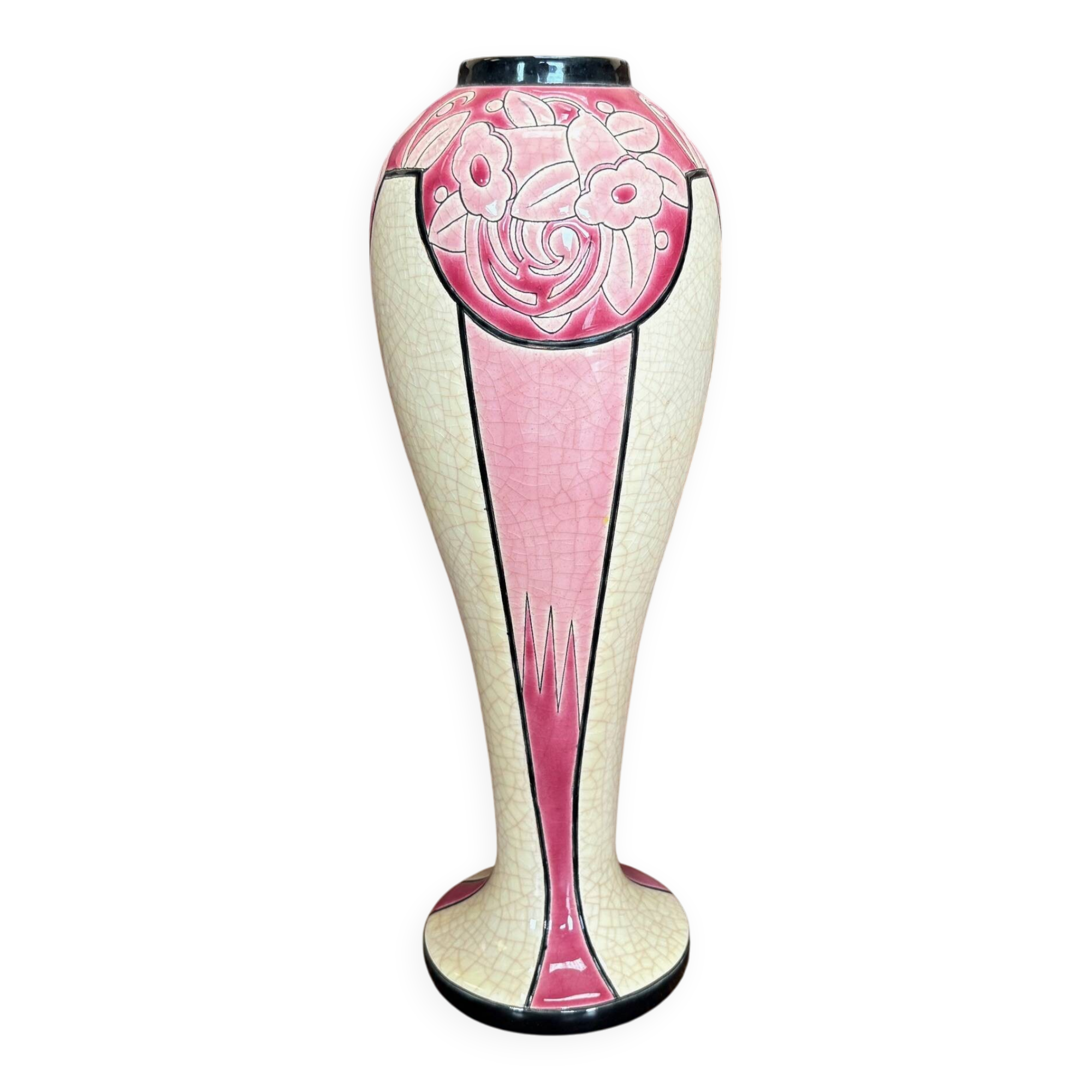 Vase Art Déco en faïence de Longwy, décor floral, 31 cm