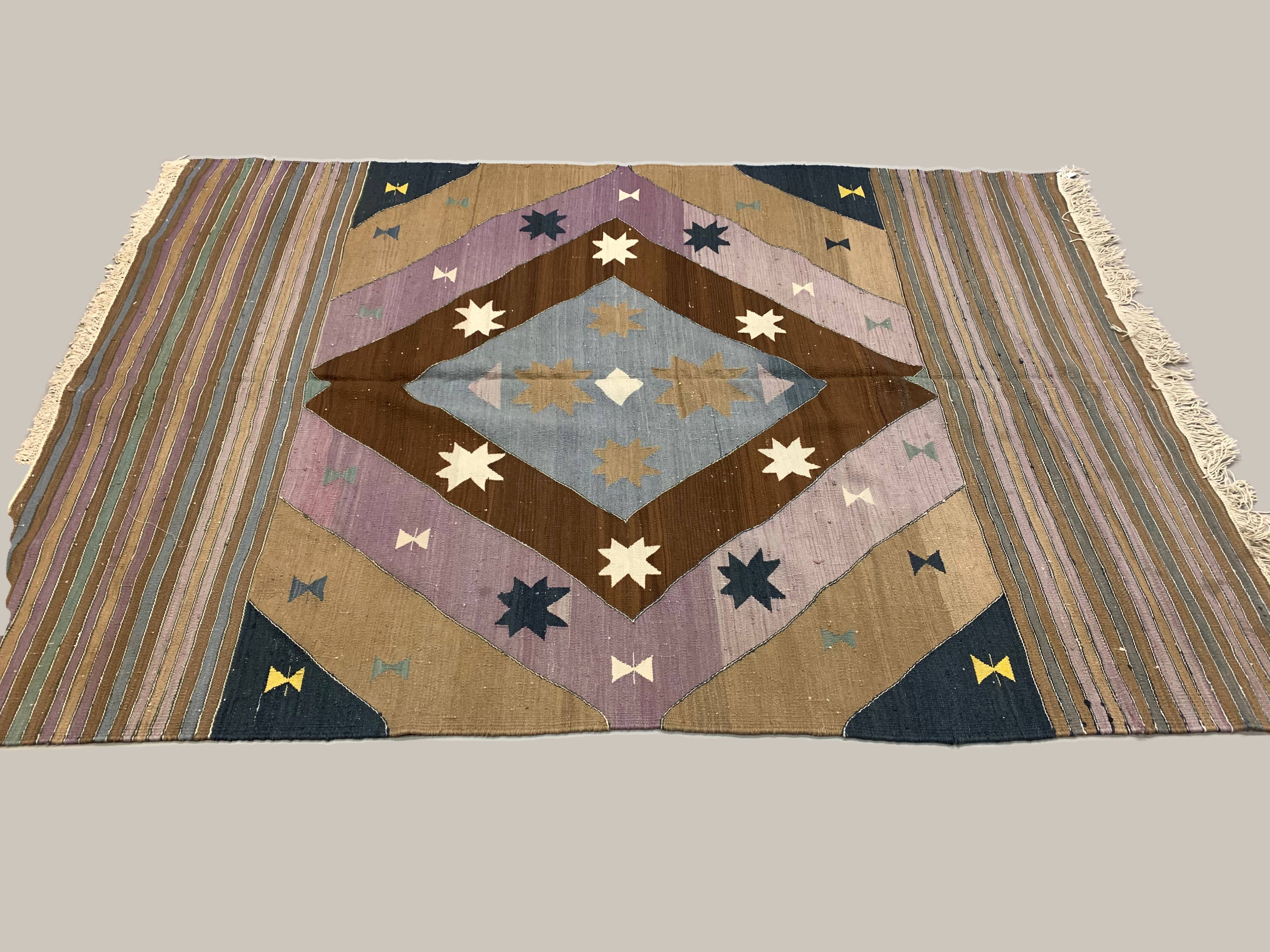 Vintage Turkish Kilim  242x174 cm Kelim Rug, Wool, Large Brown, Beige, Purple