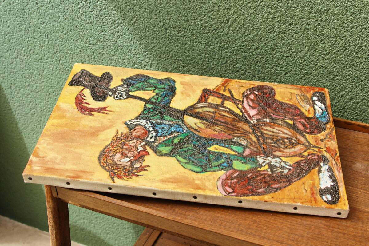 Clown musician, oil on canvas signed