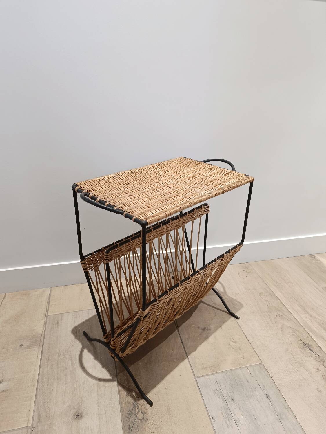 Wicker and metal side table magazine rack