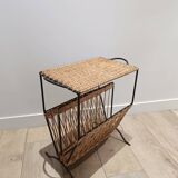 Wicker and metal side table magazine rack