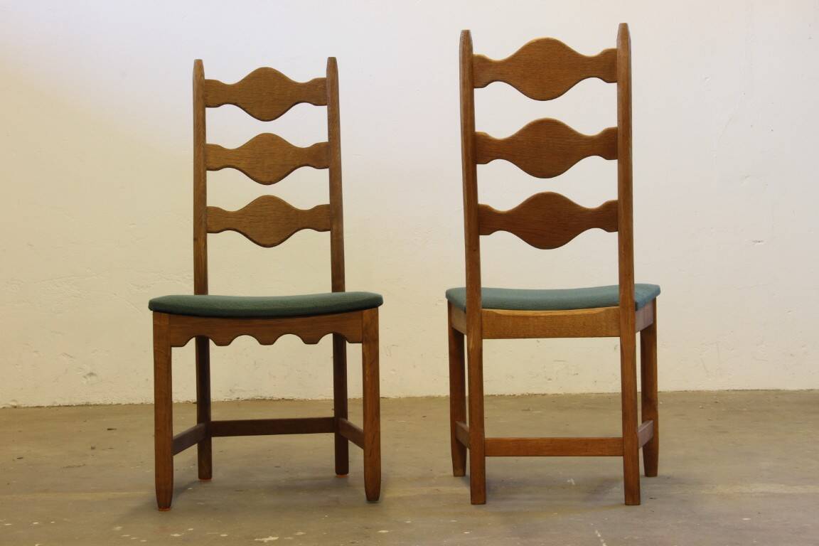 Six vintage 1960s Danish ladderback oak chairs, Henning Kjærnulf brutalist style