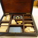 Napoleon III blackened pear wood and brass game box with bone tokens