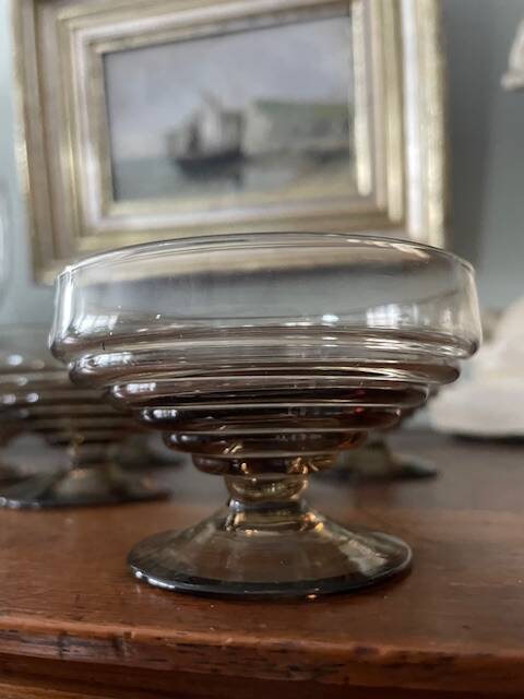 6 vintage glass ice cream or fruit cups or trou normand in blown brown glass.