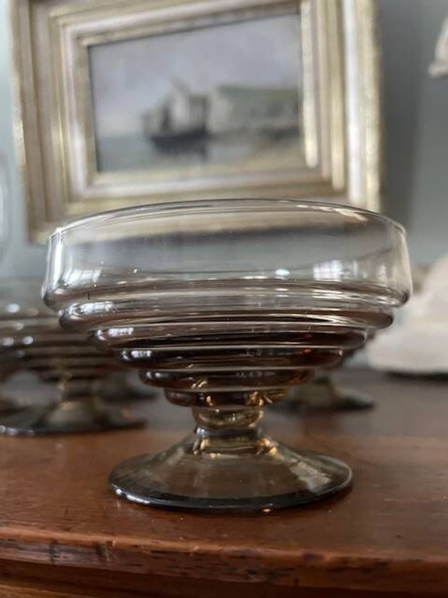 6 vintage ice cream coupes, blown glass brown fruit