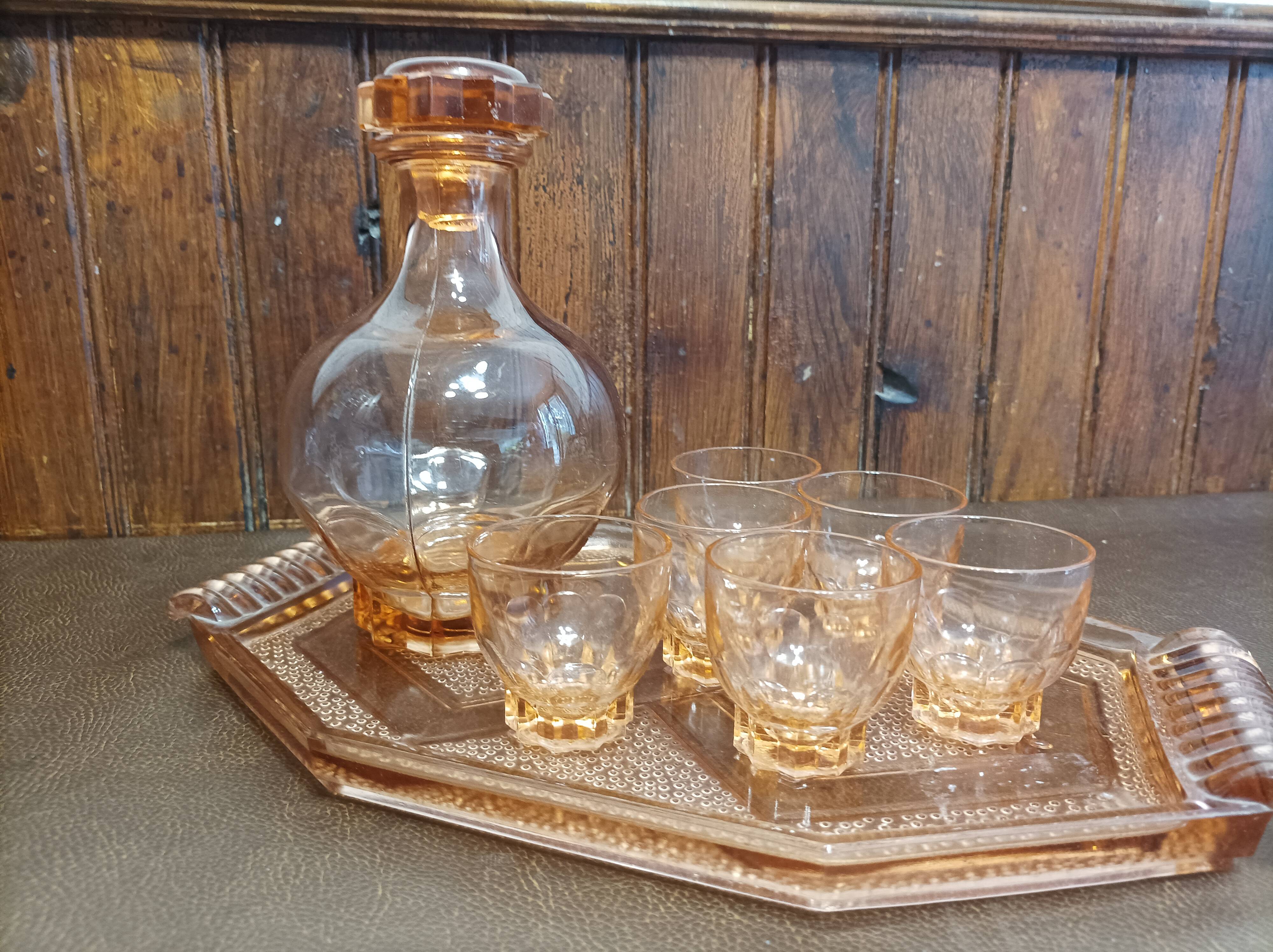 Aperitif set carafe tray and 6 glasses - thick pink glass - art deco