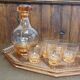 Aperitif set carafe tray and 6 glasses - thick pink glass - art deco