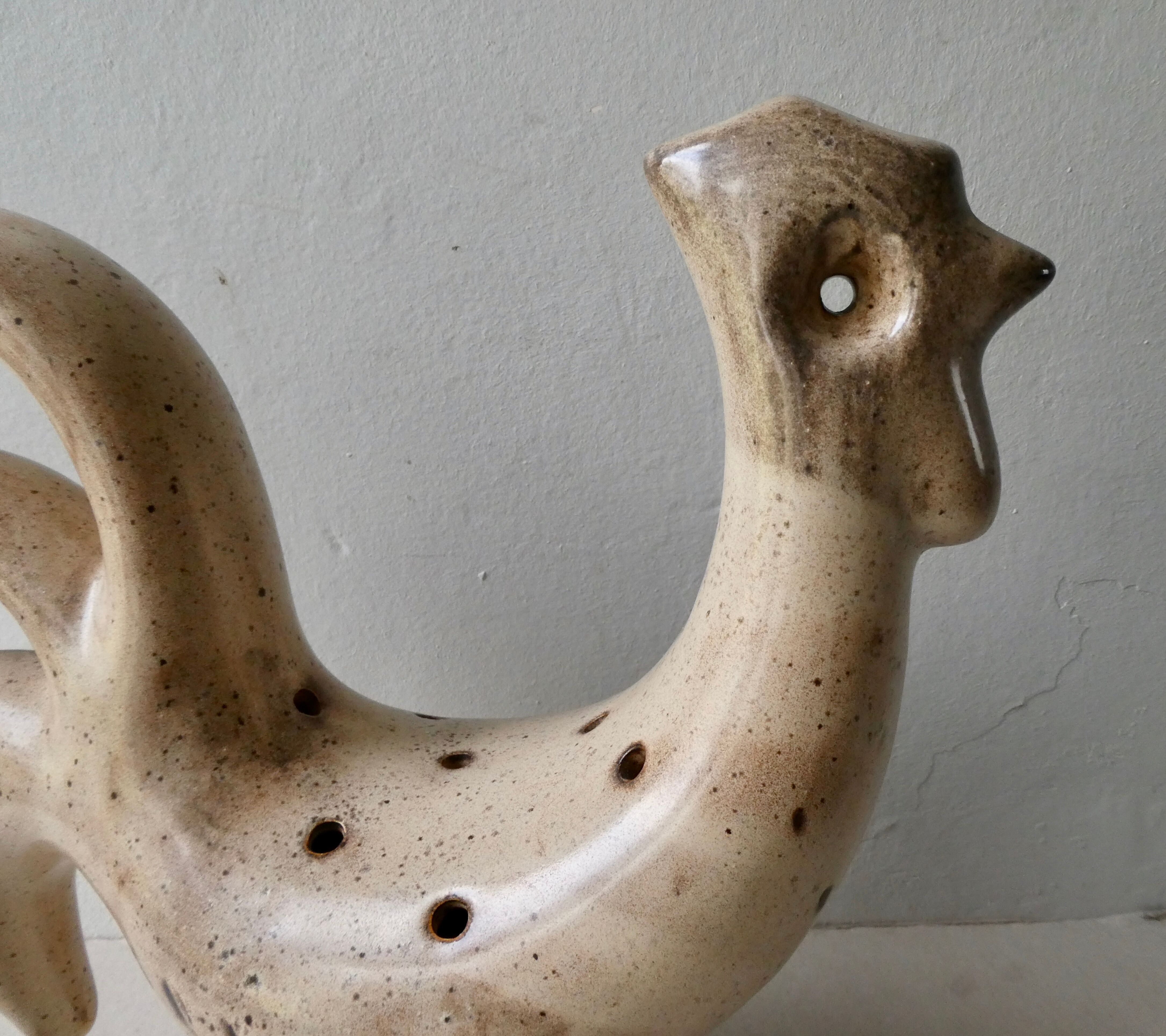 Flower base ceramic rooster, signed Dieulefit Caves, height 32 cm