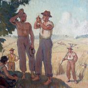 Huile sur panneau isorel – Les moissonneurs en pause c. 1930–1940