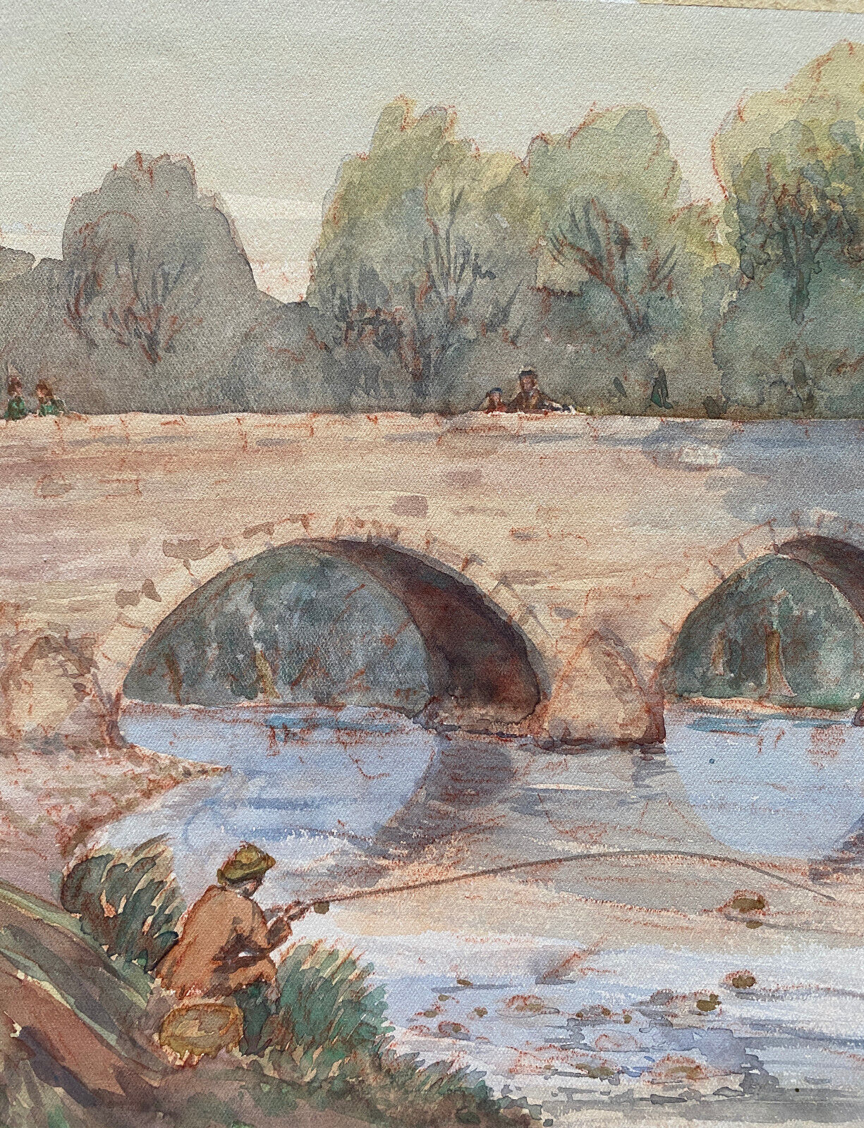 Watercolor painting "the fisherman, lively river landscape"