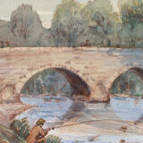 Watercolor painting "the fisherman, lively river landscape"