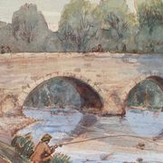 Watercolor painting "the fisherman, lively river landscape"