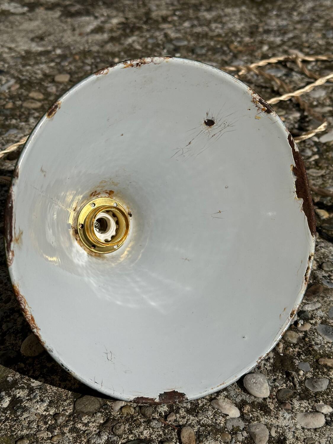 Pair of vintage industrial retro conical enamelled sheet metal pendant lights