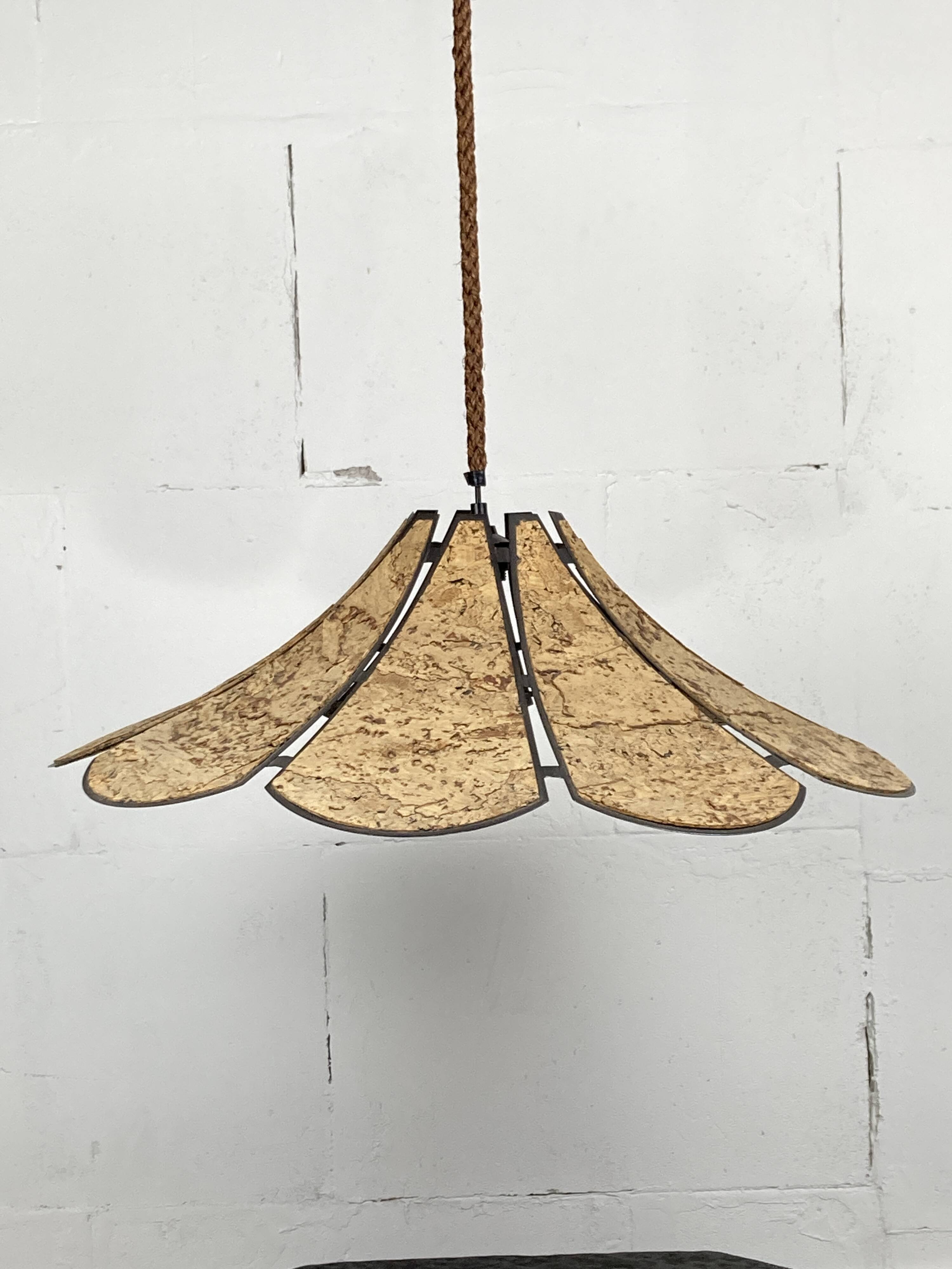 XL clover cork hanging pendant lamp, Germany 1970s