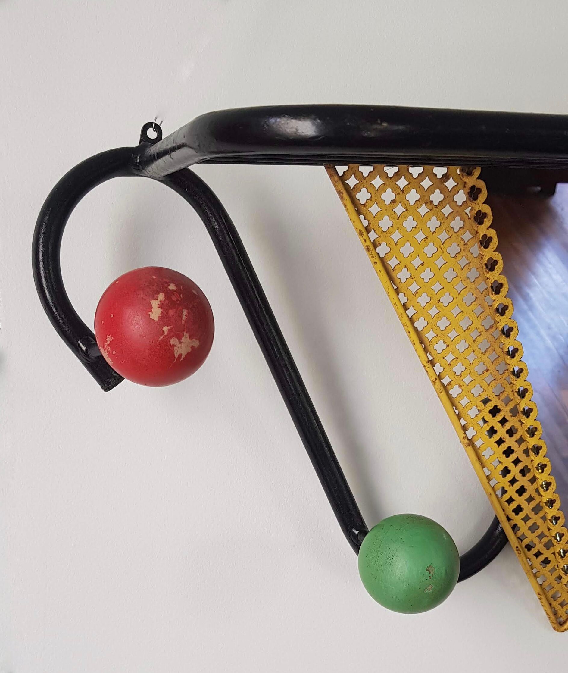 Vintage wall coat rack with mirror and shelf Black metal and wood ball