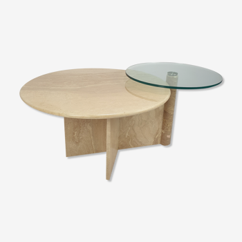 Table basse italienne en travertin et verre, années 1980