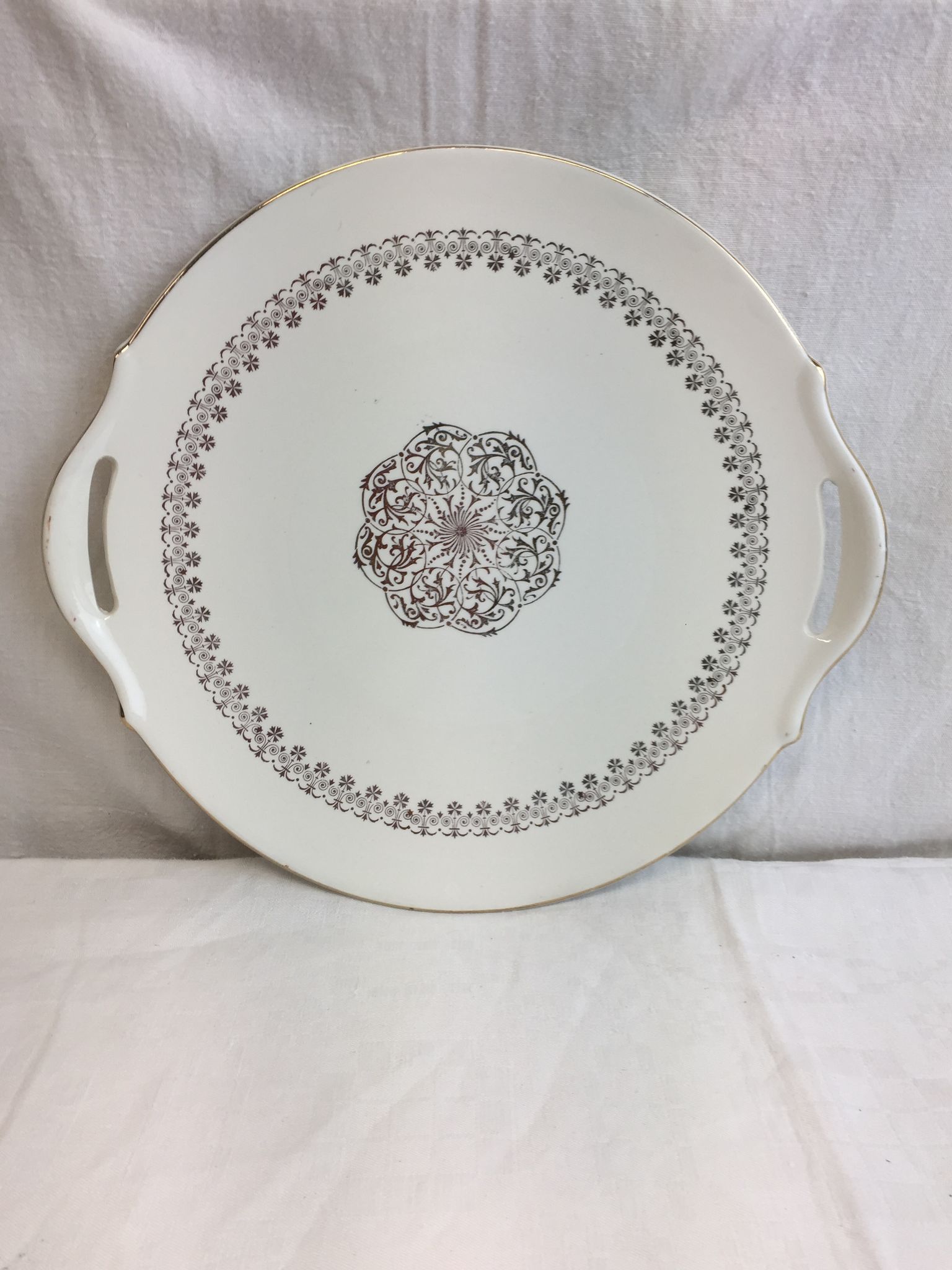 Round dish with white and gold handles made in France Digoin Sarreguemines