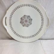 Round dish with white and gold handles made in France Digoin Sarreguemines