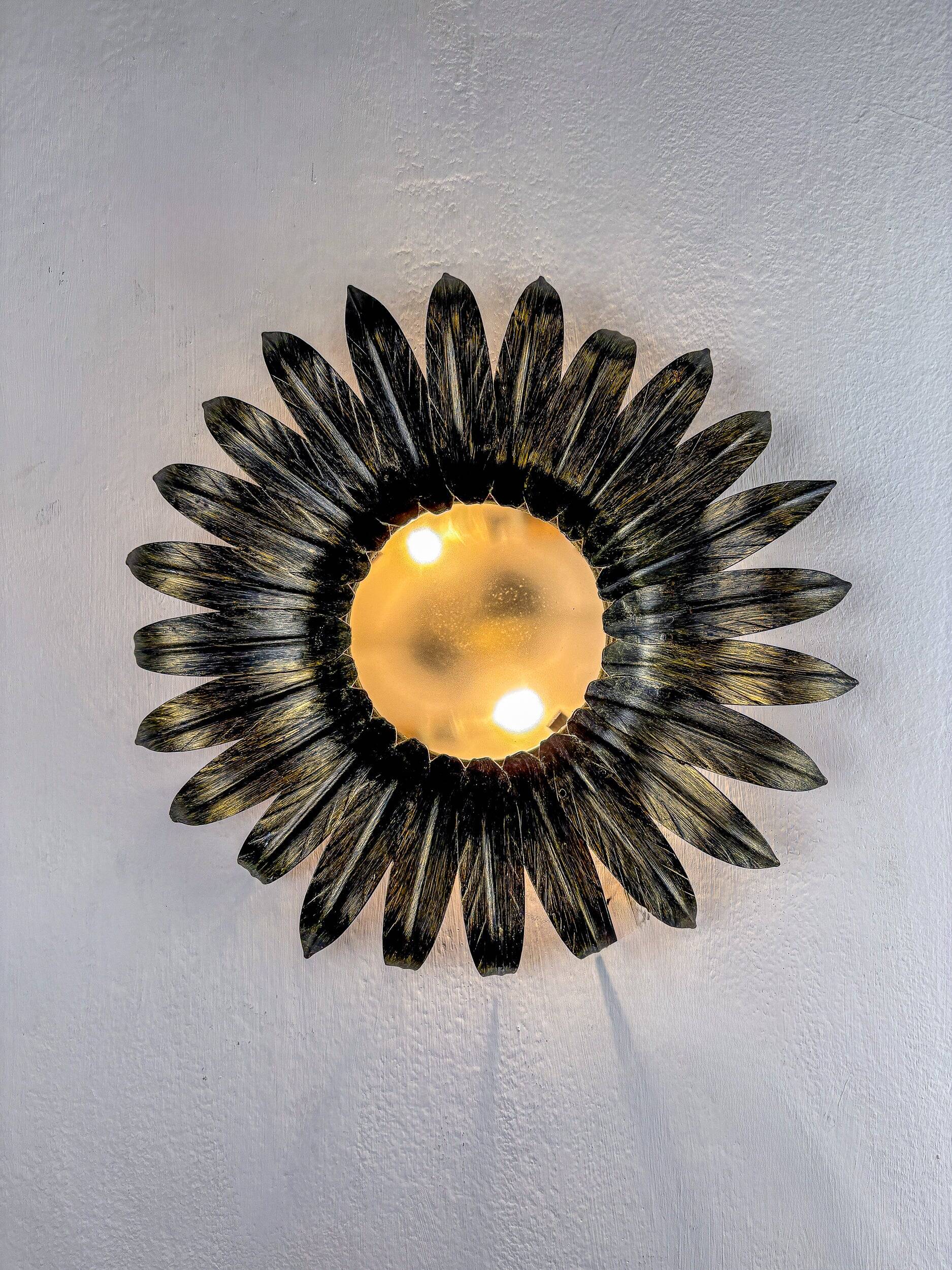 Spanish sunburst foliage ceiling light fixture in gilt iron, 1960s