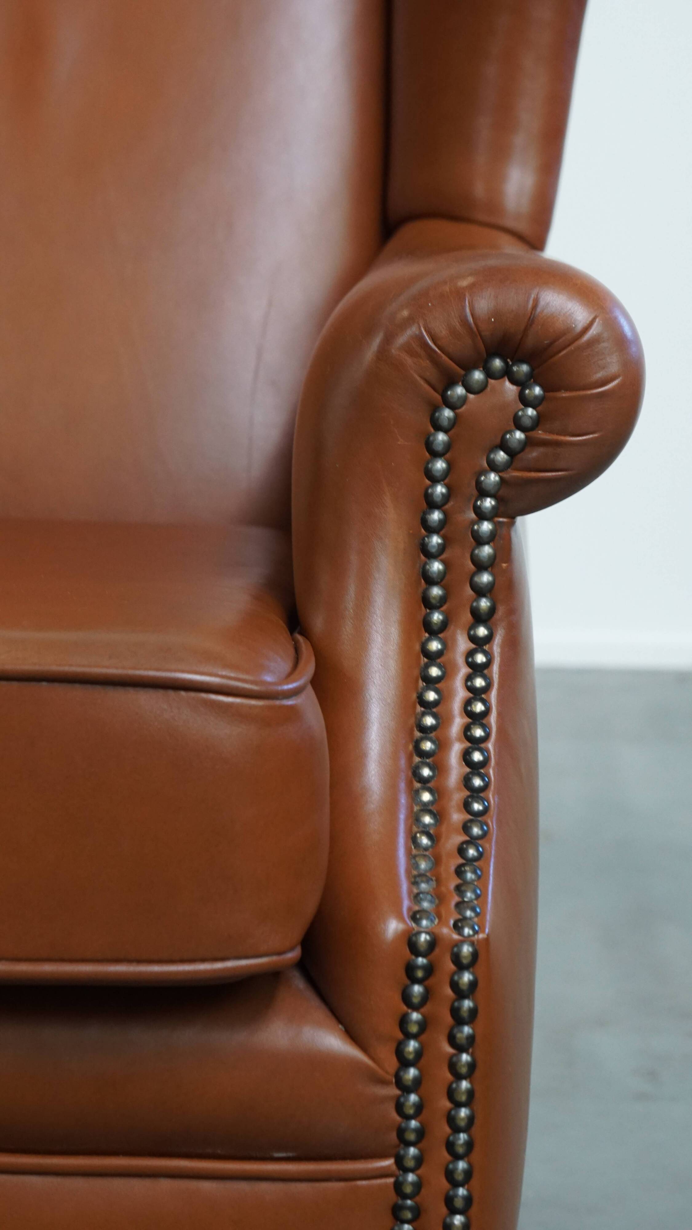 Cognac-Colored Cowhide Leather Wingback Chair in English Style