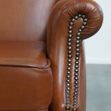 Cognac-Colored Cowhide Leather Wingback Chair in English Style