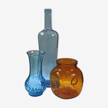 Trio vintage vase bottle and jar in amber and blue glass