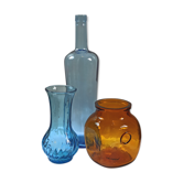Trio vintage vase bottle and jar in amber and blue glass