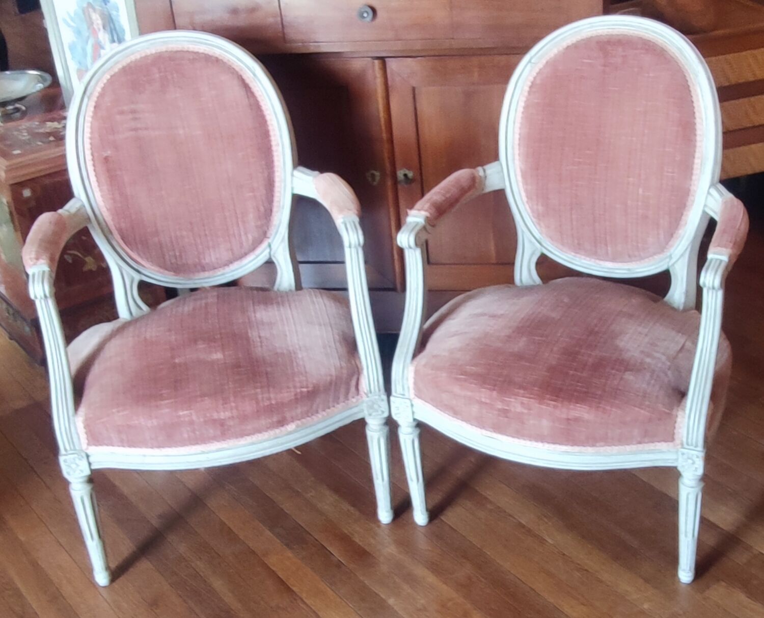 Pair of Louis XVI style medallion armchairs