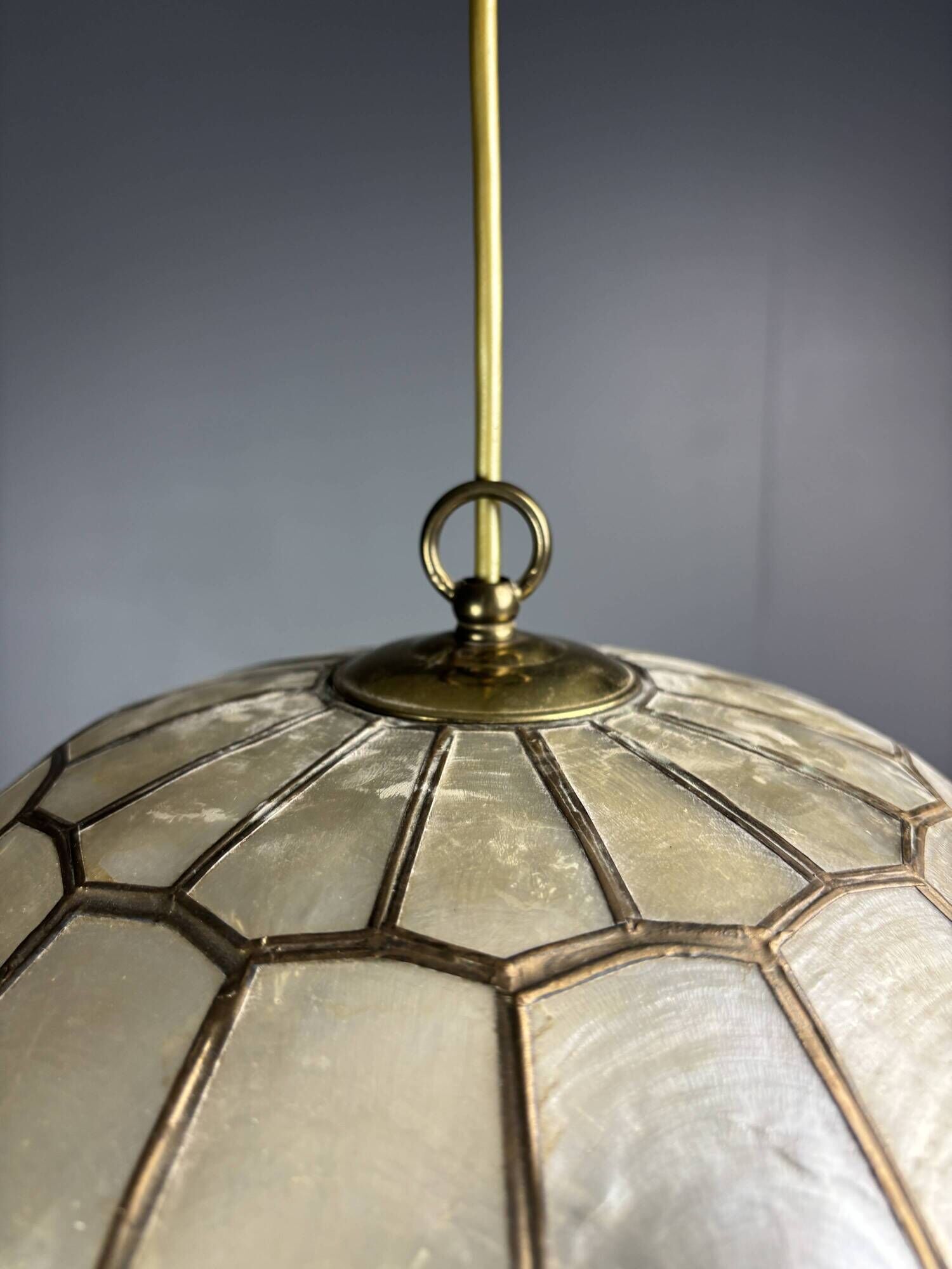 Pair midcentury mother of pearl Capiz large pendants, Feldman Lighting Co