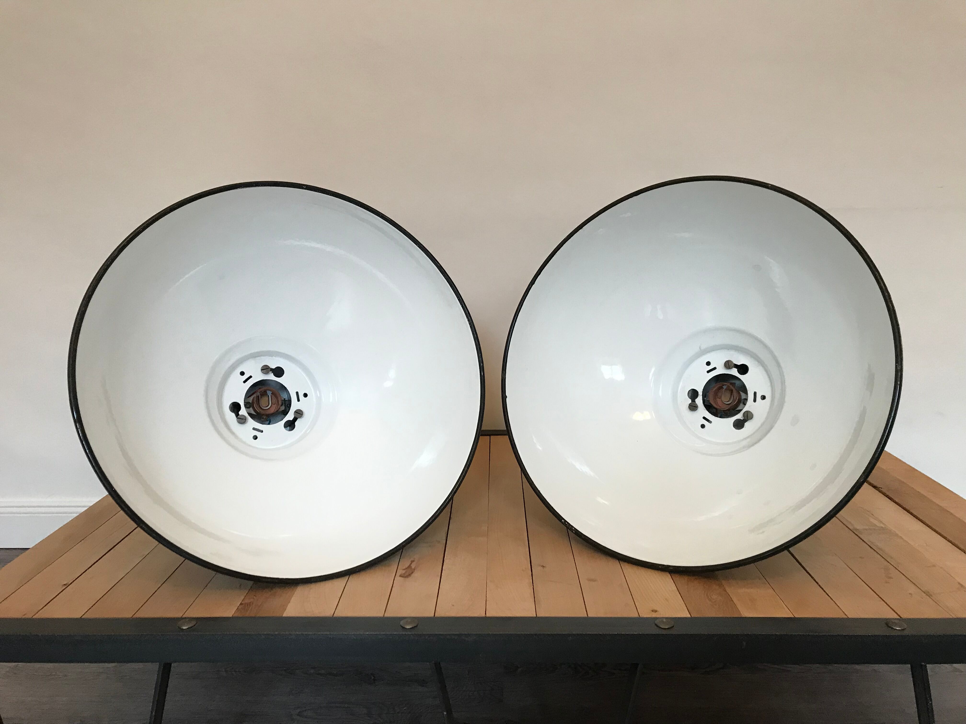 Pair of Philips lamps enamelled workshop pendant lamps