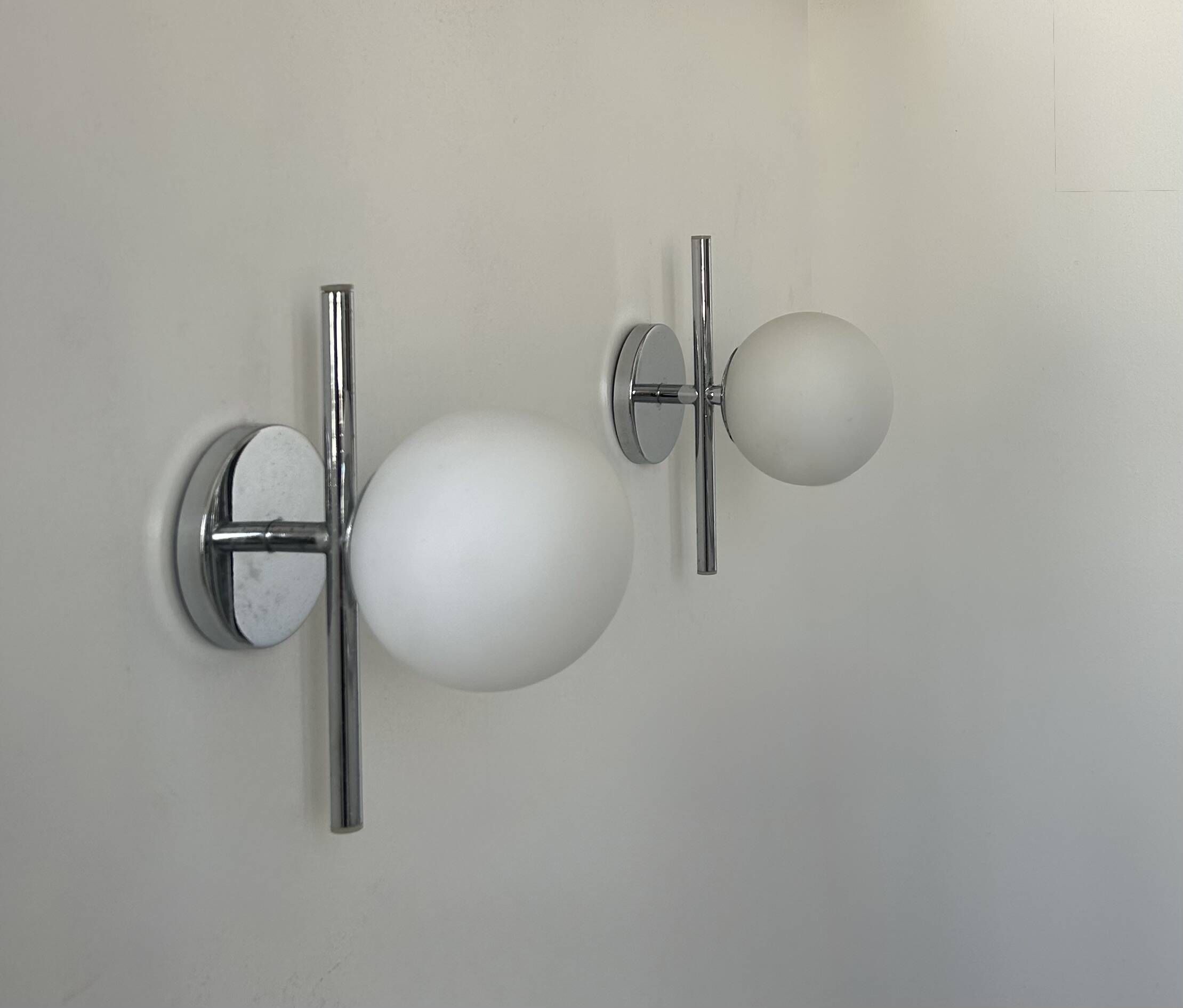 Pair of vintage chrome and opaline wall lights, France 1970.