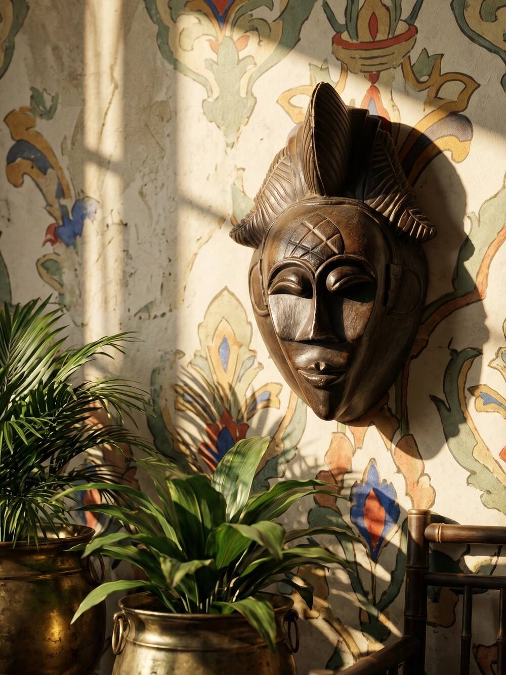 Decorative African wall mask in Punu Tsangui style, carved wood, 20th century.