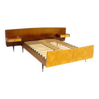 Mid century double bed bedroom set + floating nightstands in teak & maple