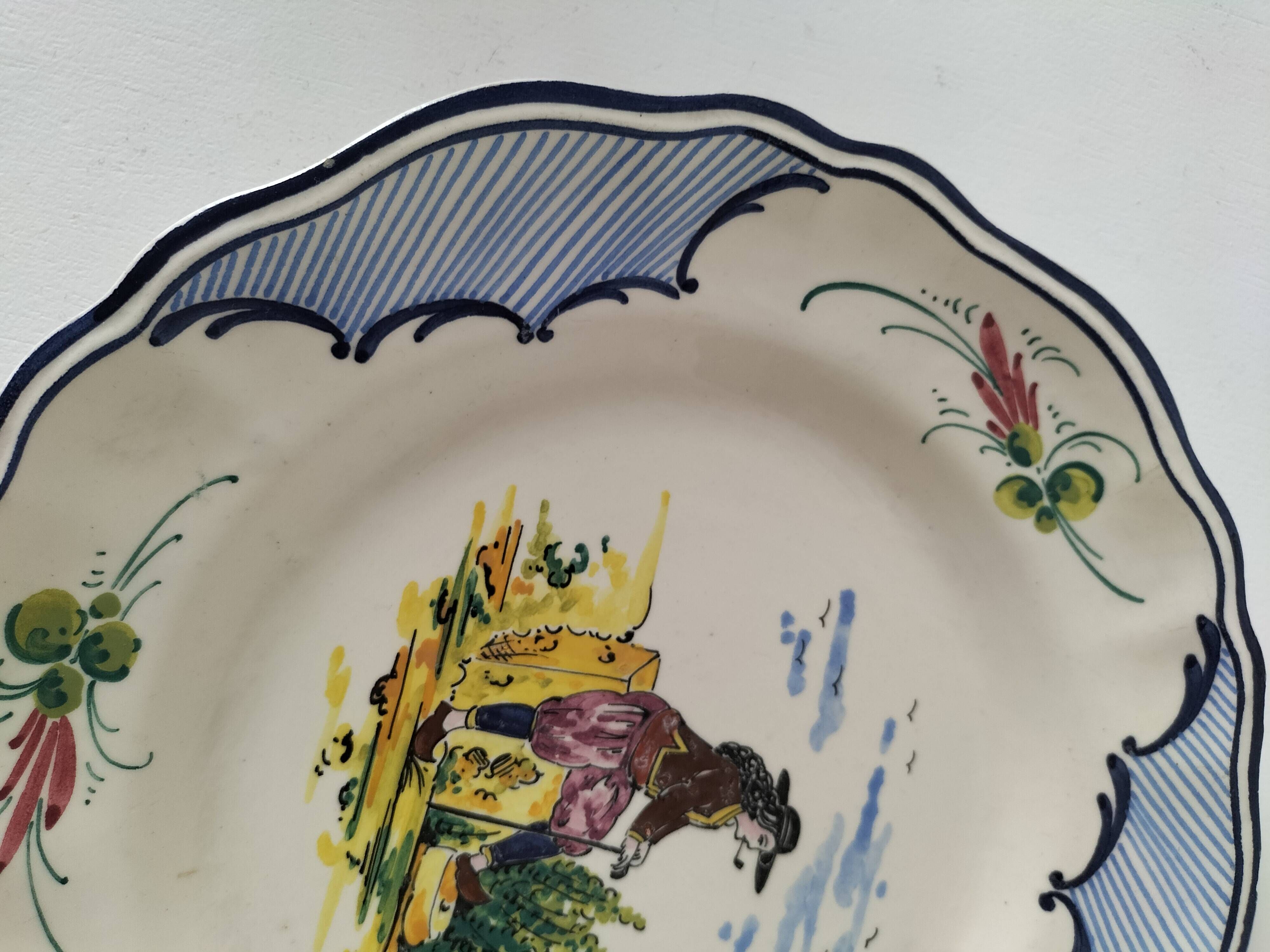 Vintage Breton earthenware plate – naive decor signed MF – Brittany