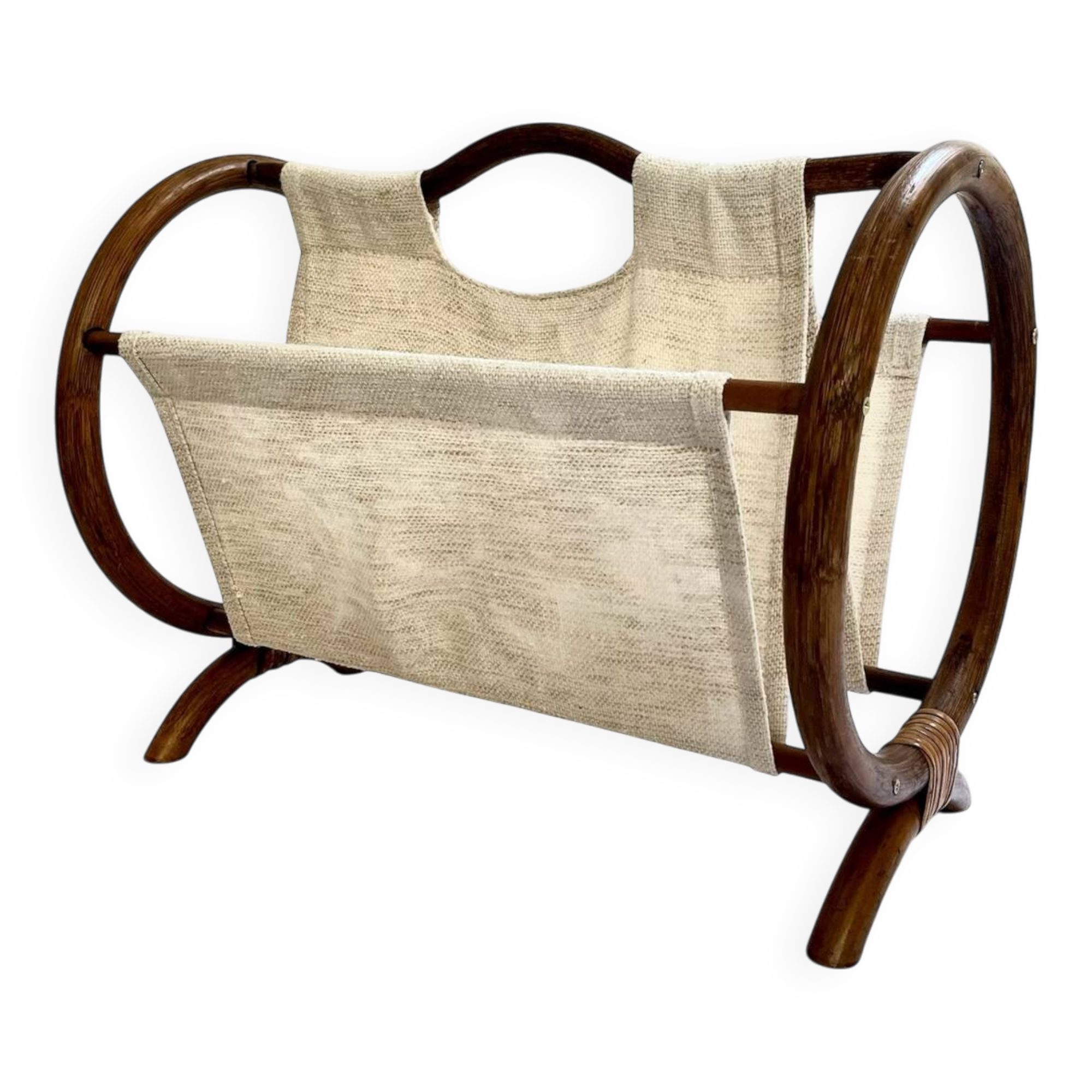 Vintage curved rattan magazine rack – 1960s