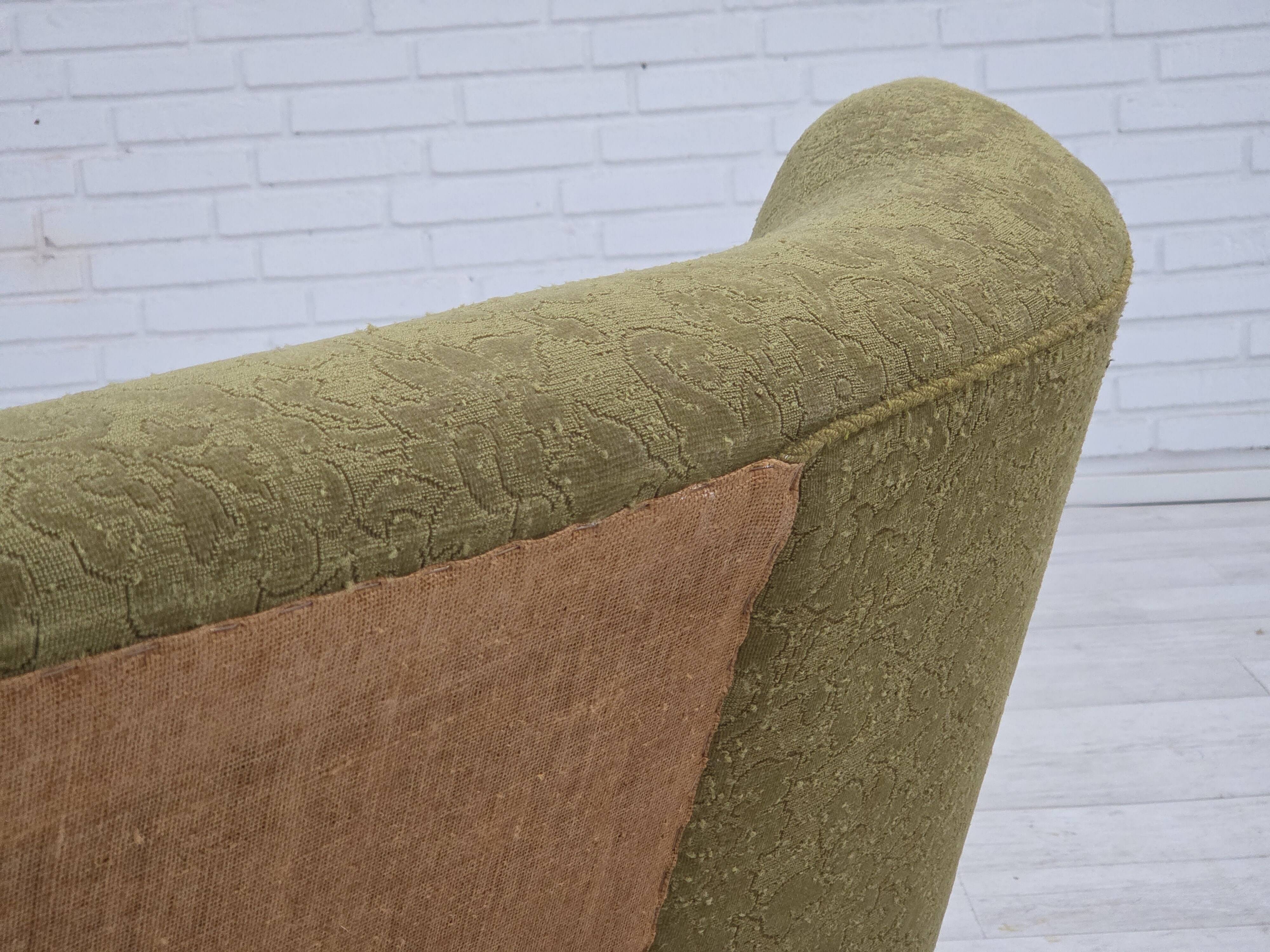 1960s, Danish 3-seater sofa, green furniture velour, ash wood legs.