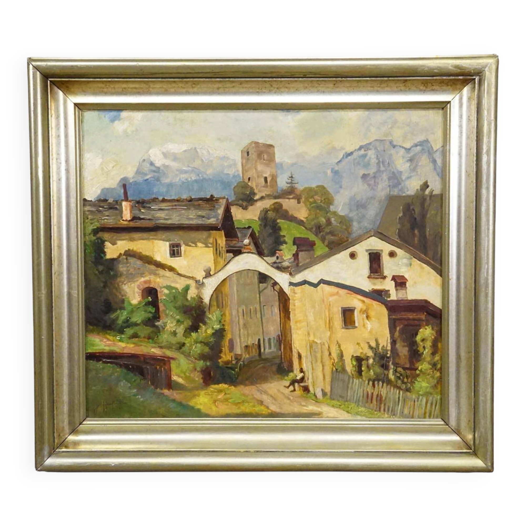 Biedermeier painting of a European alpine village, late 19th century.