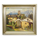 Biedermeier painting of a European alpine village, late 19th century.